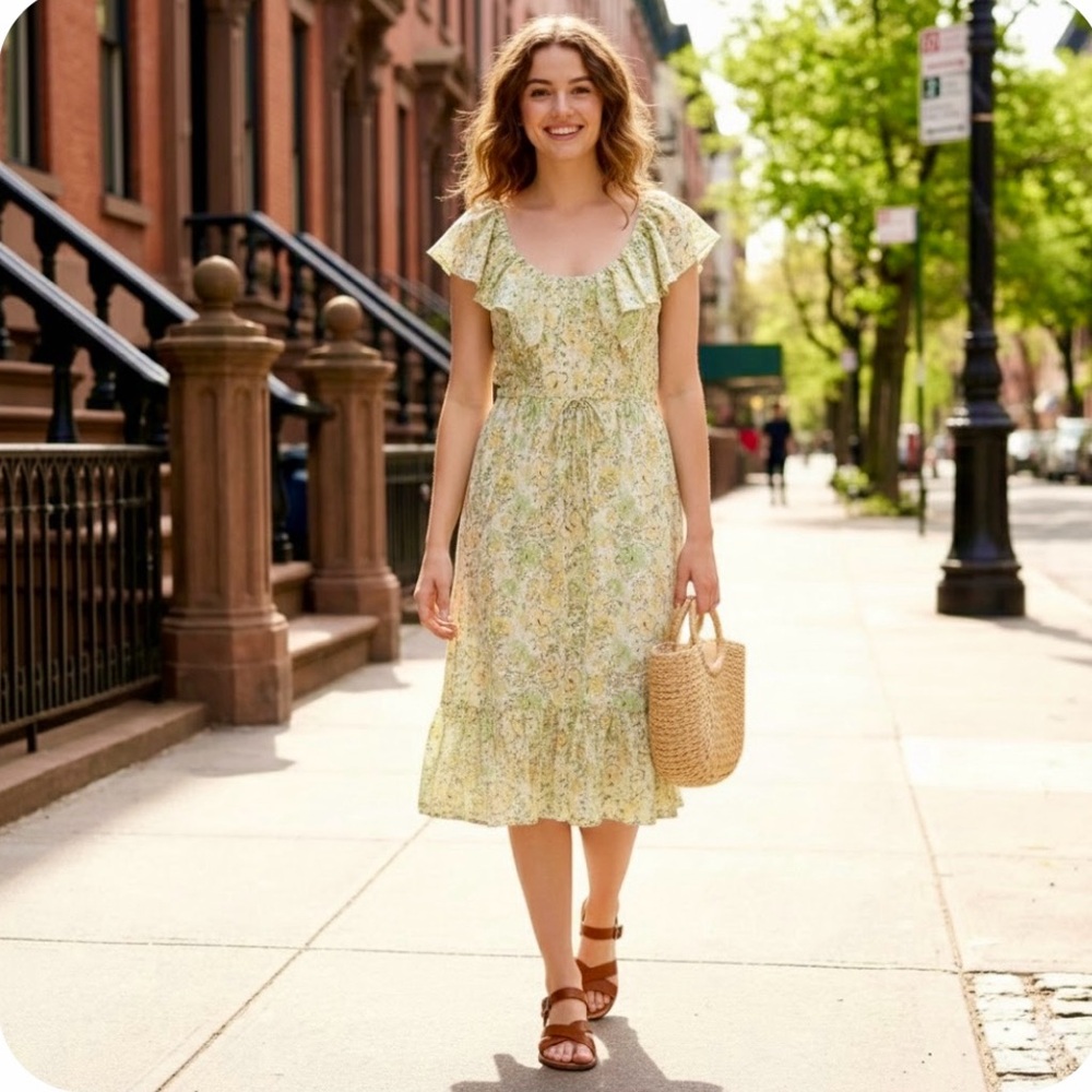 Monteau Yellow and Green Ruffled Tie Front Sundress